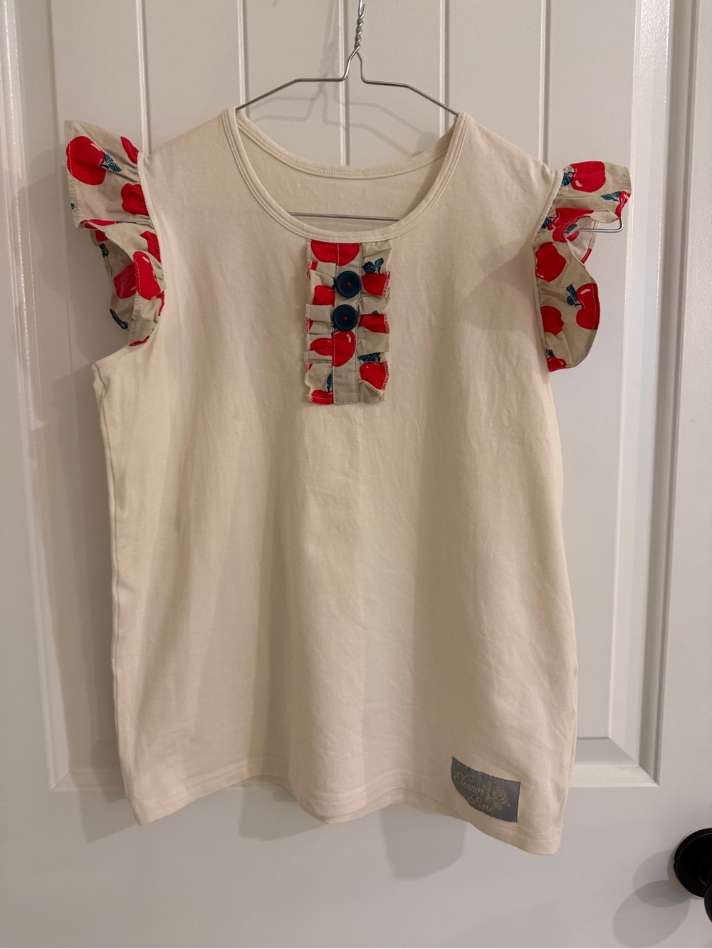 Eleanor Rose Cream Girls' 14/16  Flutter Sleeve Top with Red Apple Accents EUC